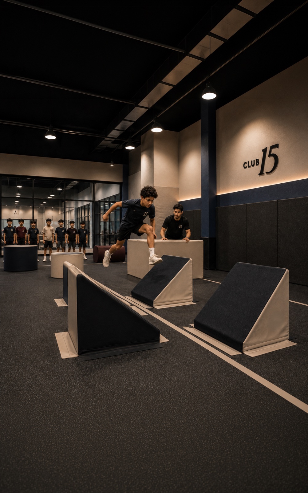 Parkour — a young athlete vaulting the course at Club 15